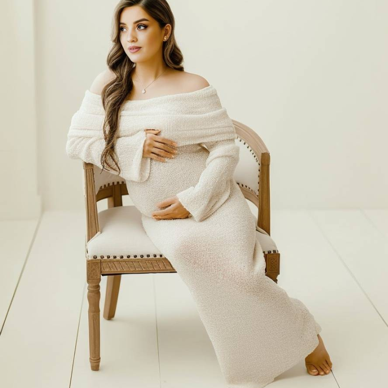 Women’s Maternity Maxi Dress with Off-Shoulder Neckline