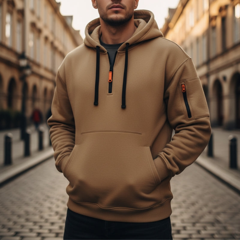 Cason - Long sleeve half zipper hoodie and side pockets