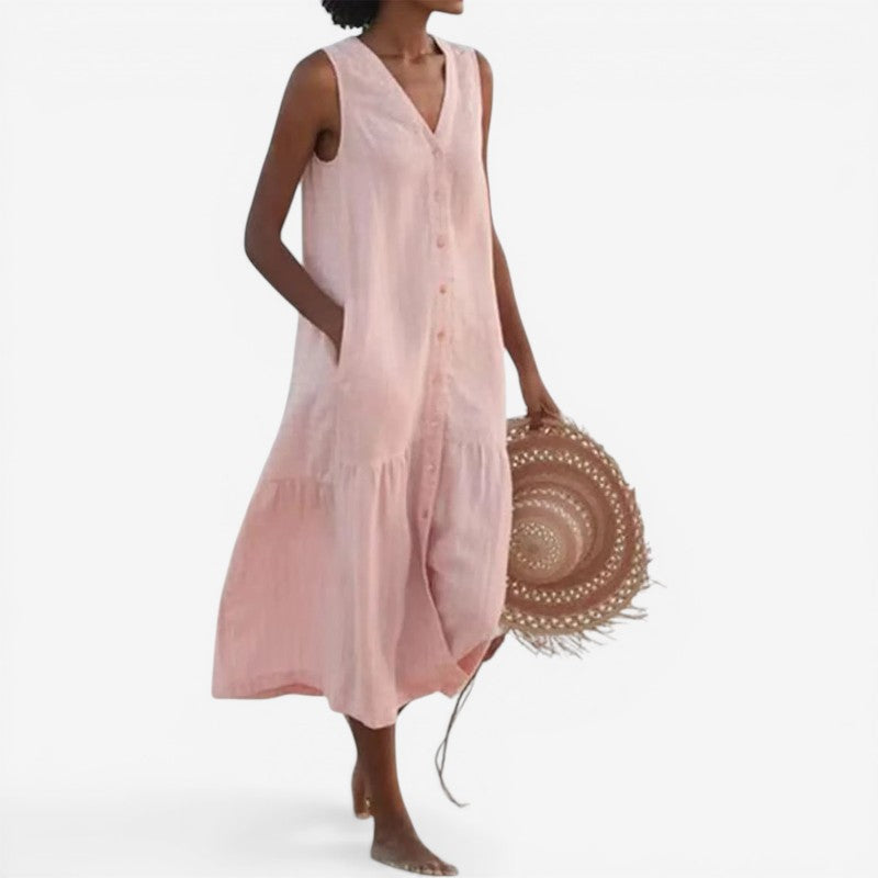 Robe mini sans manches à col en V avec boutons sur le devant et poches pour femme