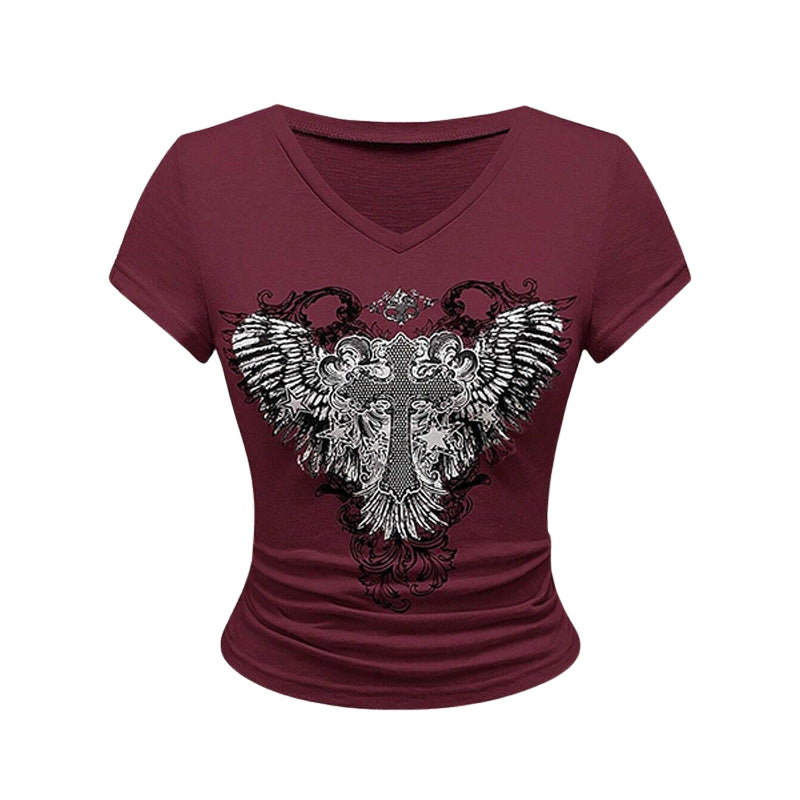 Layla - T-shirt z Graficznym Wzorem i Dekoltem w Serek