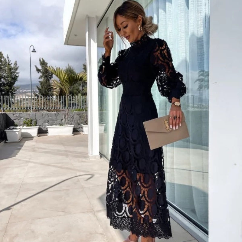 Women’s Long-Sleeve Dress with Intricate Openwork Lace Design