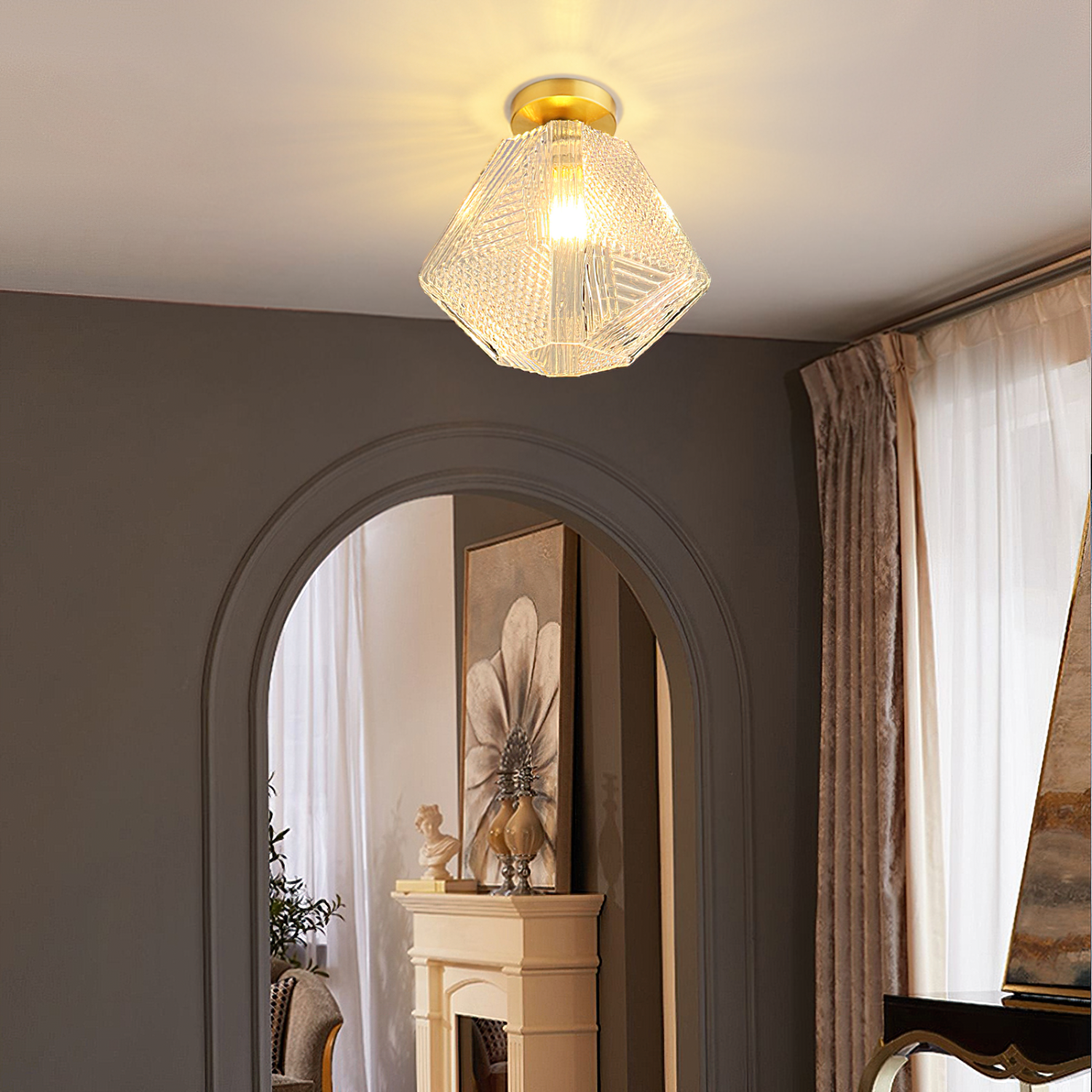 LumiDeco – Ceiling Lamp of Brass and Glass with Diamond Cut Design