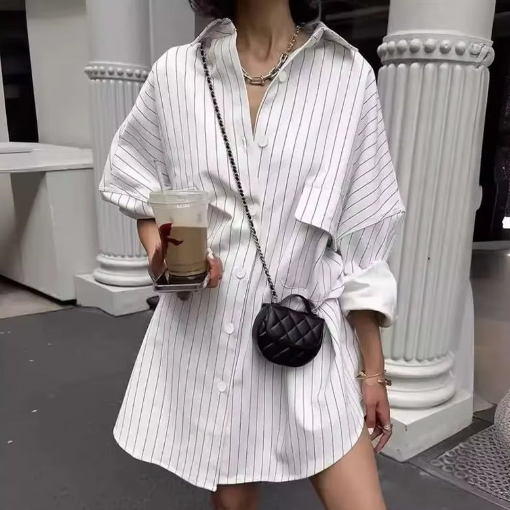 Fenna - Oversized Striped Shirt Dress with Long Sleeves