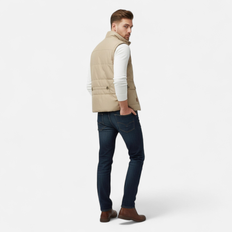 Men's Sleeveless Jacket with Button and Zip Closure