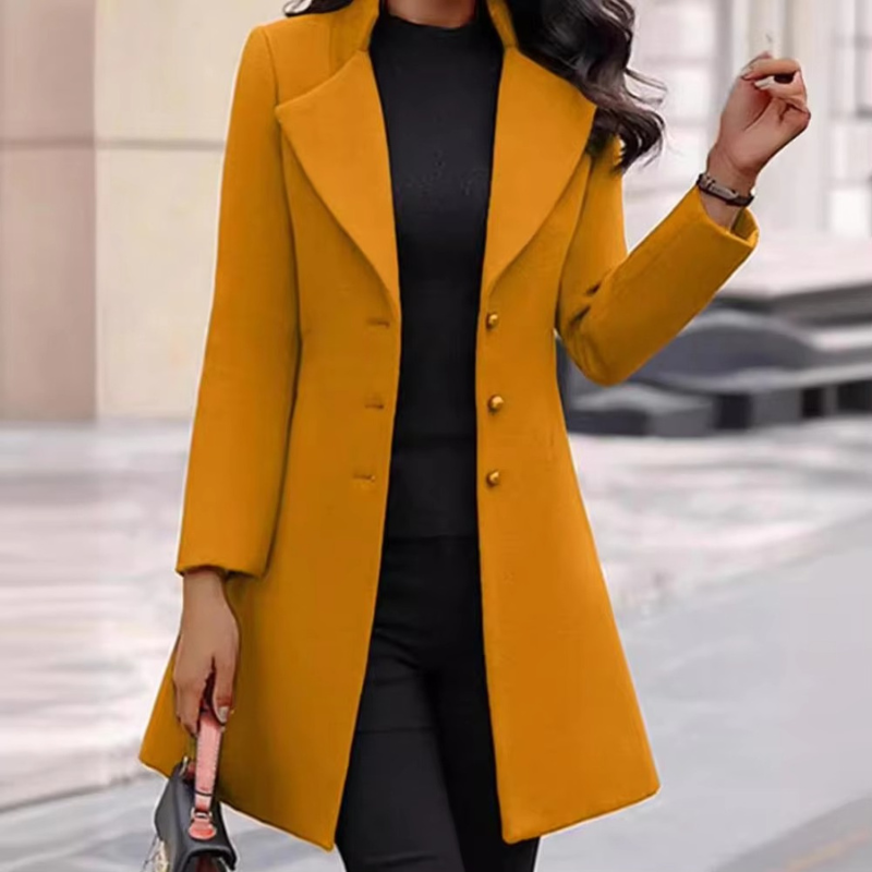 Arivelle - Long Sleeve Mid-Length Coat with Button Closure