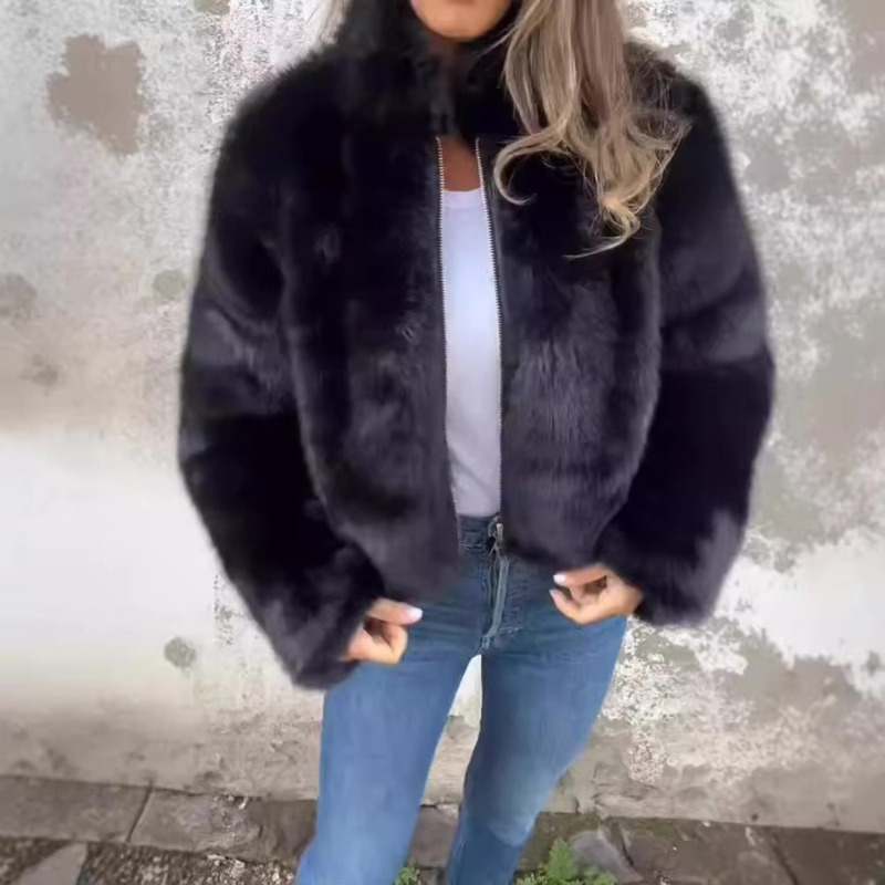 Selixia – Long Sleeve Coat with Zip Closure | Simple Casual Outer Layer | Faux Fur Construction | Sizes S–2XL | Brown, Black, Green, Blue, Red, Purple