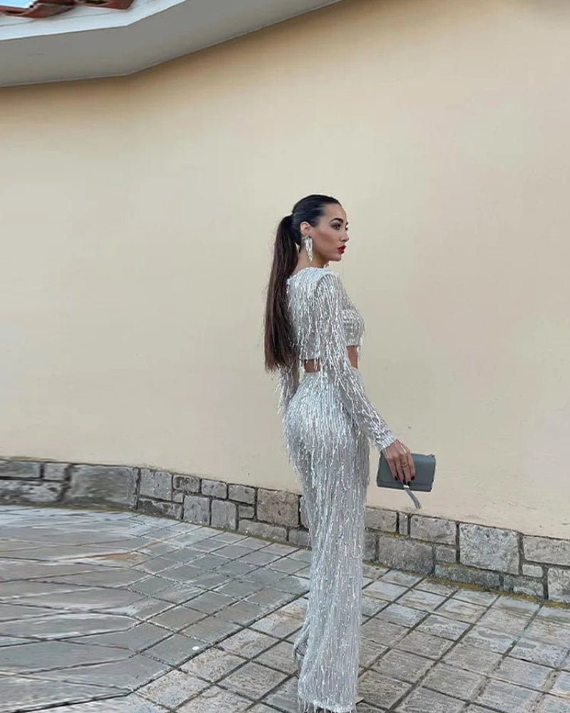 Emily - Set elegant două piese cu top cu mâneci lungi și pantaloni stilati