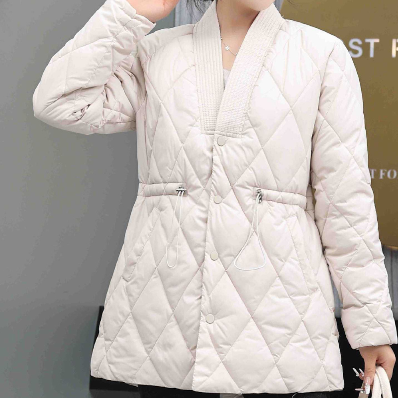 Inyaran – Long Sleeve Quilted Jacket with V Neck | Button Closure with Drawstring Waist | Side Pockets for Everyday Wear | Sizes S–3XL | White, Black, Khaki