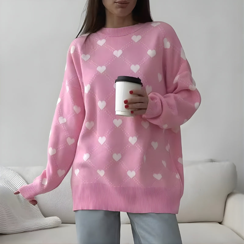 Brigitte - Long sleeve oversized sweater with heart printed design