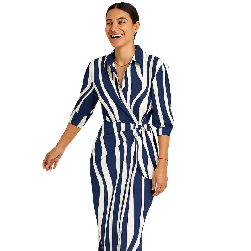 Clara – Rochie midi imprimată cu guler cămașă și mâneci scurte