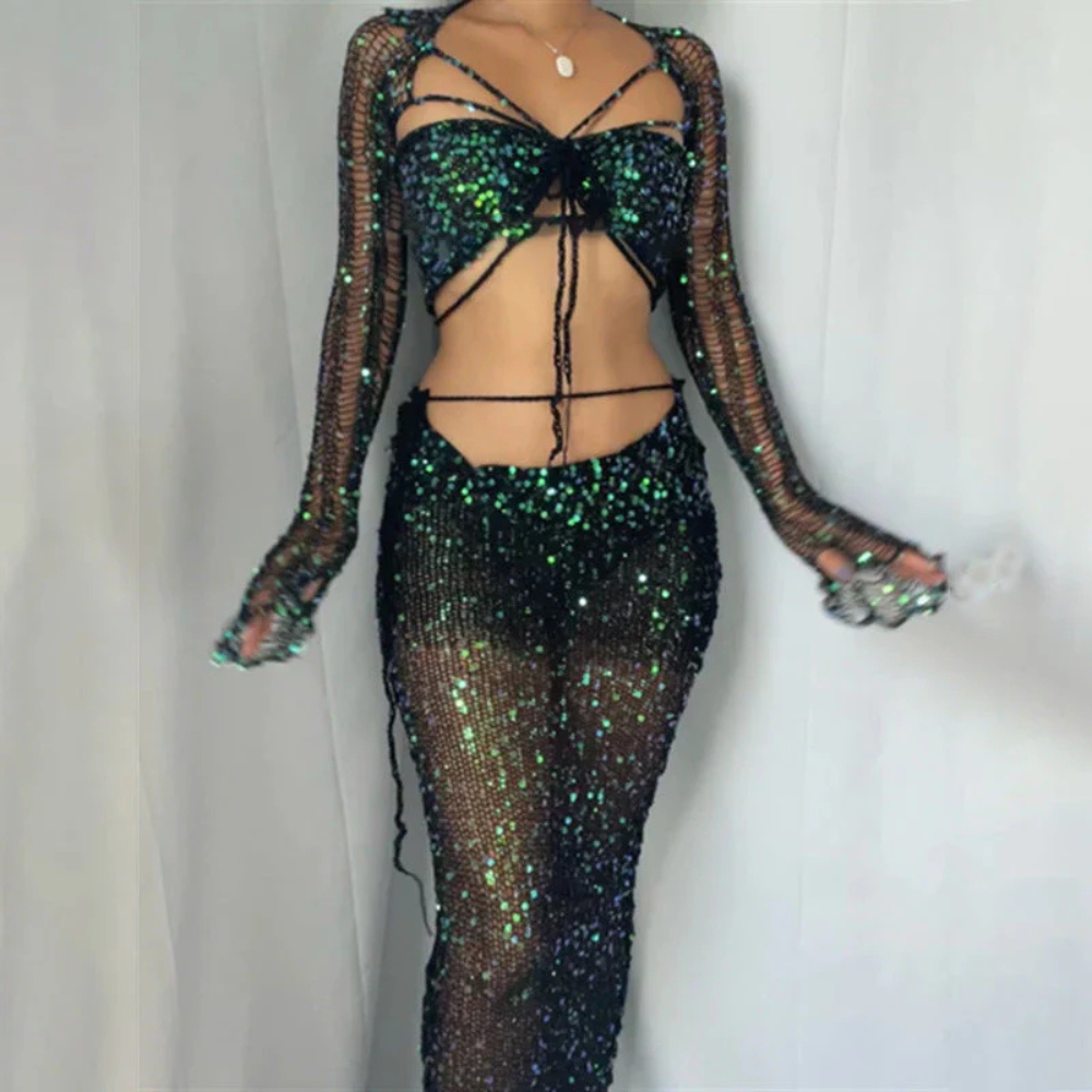 Clarissa – Set elegant de fustă și top scurt cu mâneci lungi