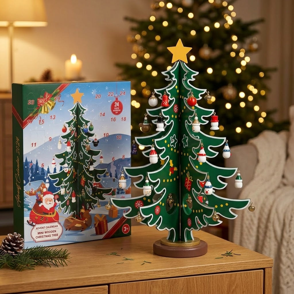 TimberTwinkle – Calendar de Advent în formă de brad de Crăciun din lemn, cu 24 de ornamente