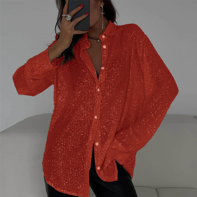 Luna - Bluza cu paiete, mâneci lungi și guler clasic
