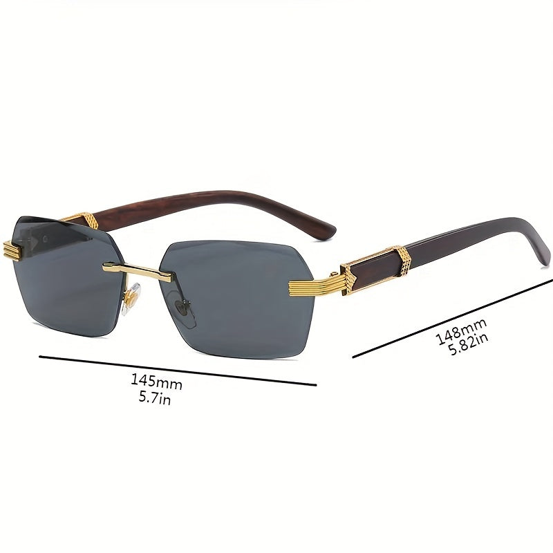 Daniel - Occhiali da sole rettangolari senza montatura con aste in legno sintetico alla moda