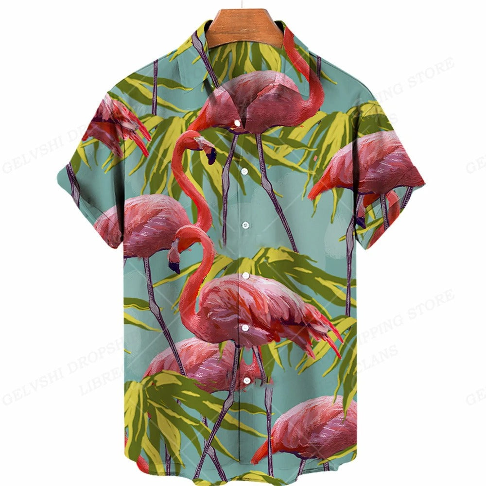Marco - Camicia con stampa tropicale di fenicotteri e maniche corte