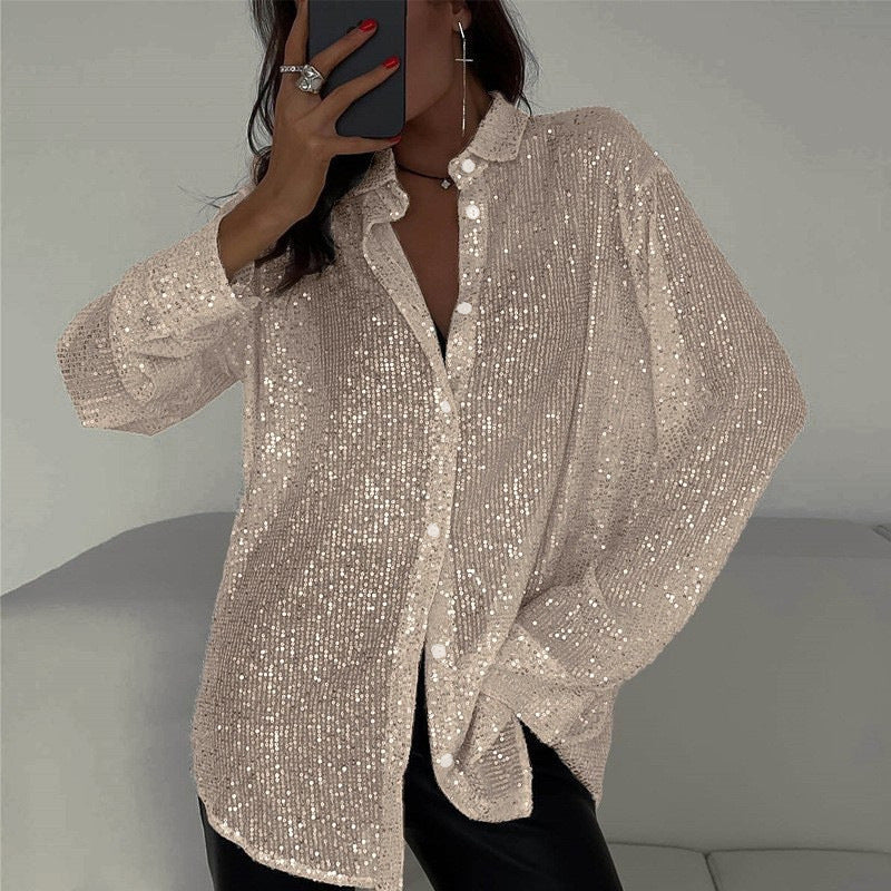 Luna - Bluza cu paiete, mâneci lungi și guler clasic