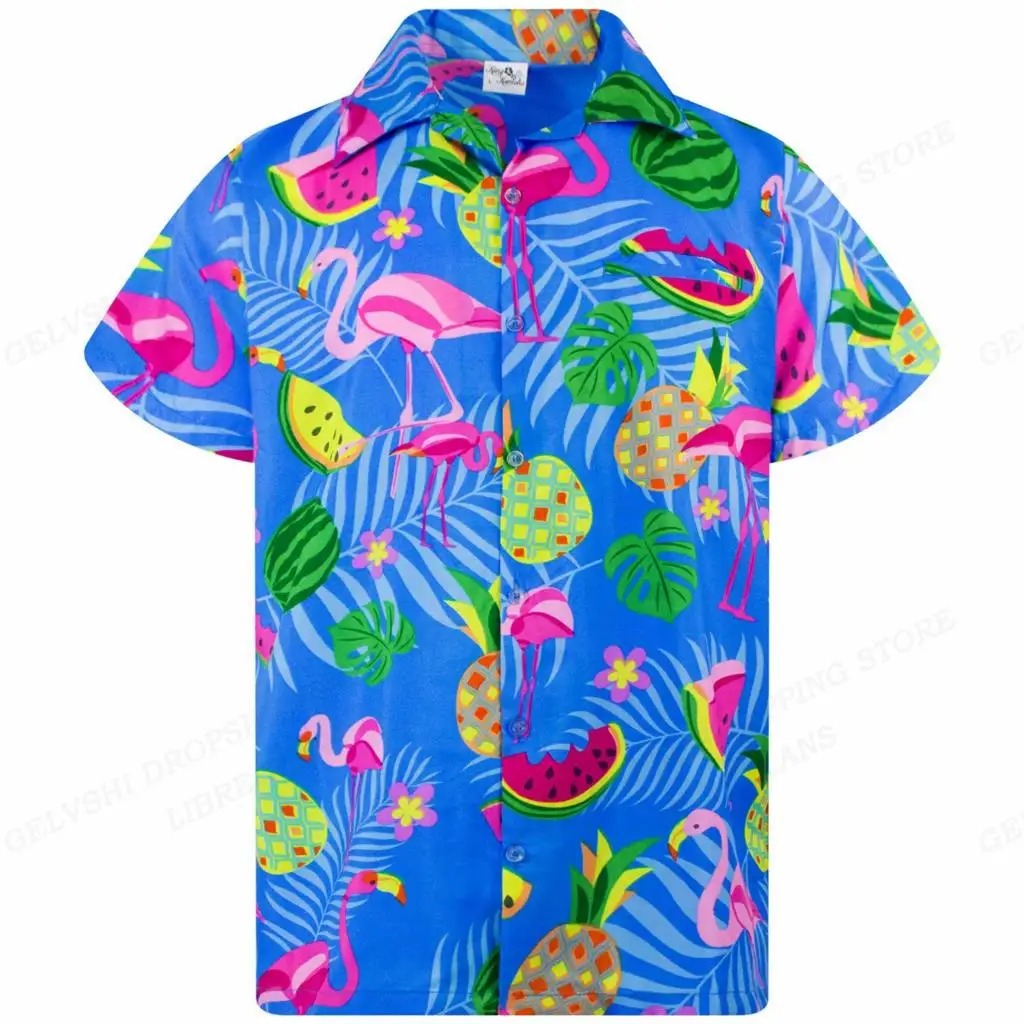 Marco - Camicia con stampa tropicale di fenicotteri e maniche corte