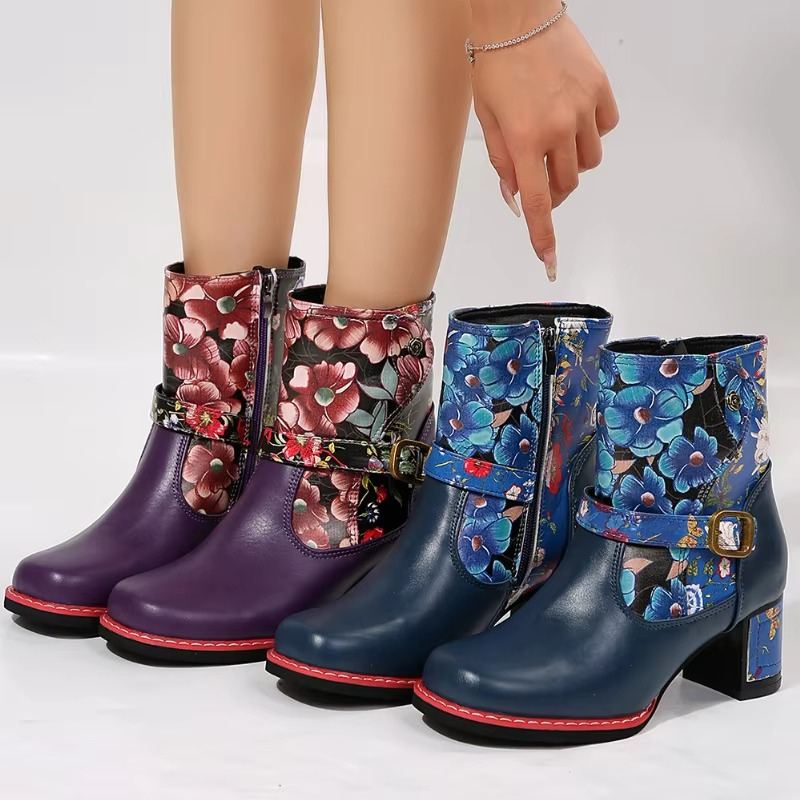 Salyra - Women's Salyra Ankle Boots | Round Toe, Floral Print, PU | Side Zip & Buckle Closure | 36–43