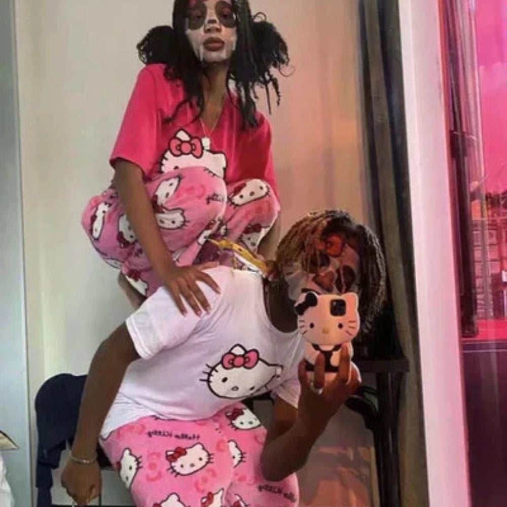 Grace - Pantalon ludique à imprimé chat avec coupe décontractée et taille élastique