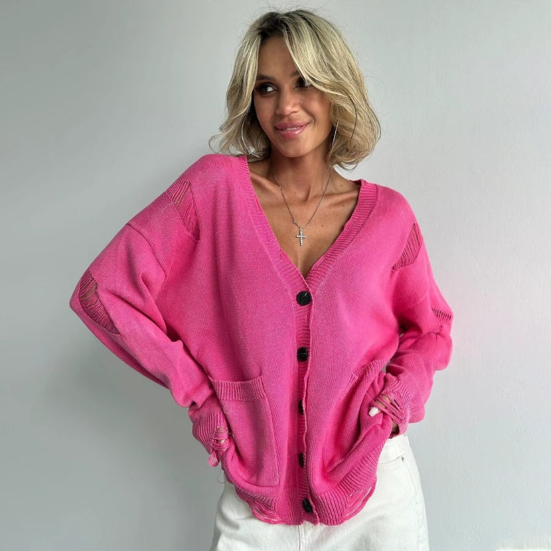 Lauren - Cardigan à manches longues col en V avec fermeture à boutons