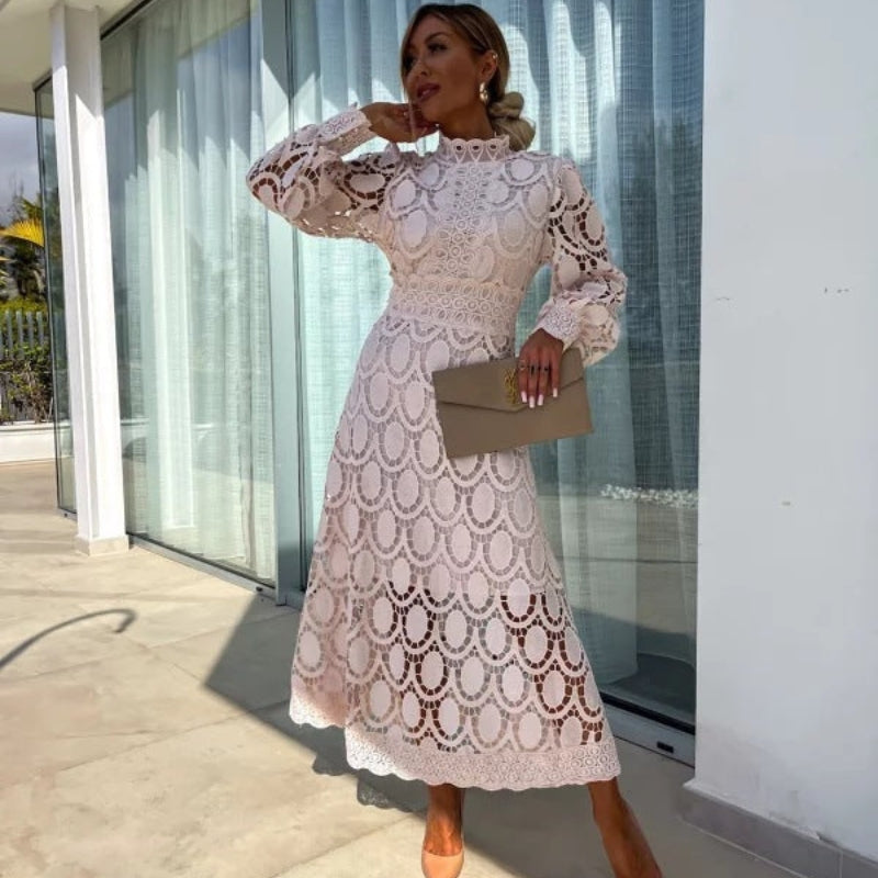 Women’s Long-Sleeve Dress with Intricate Openwork Lace Design