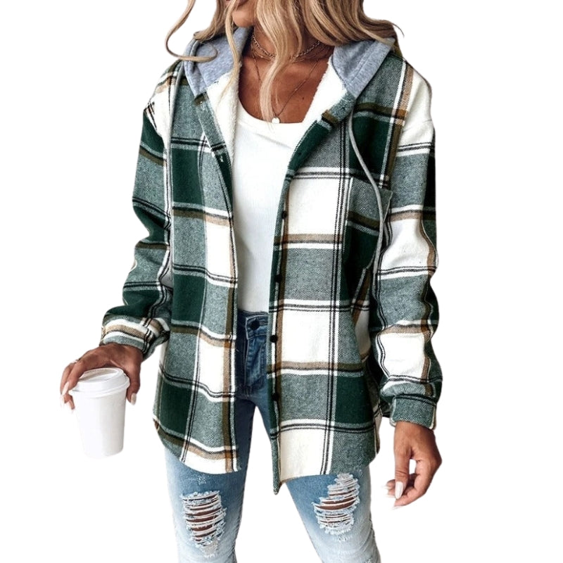 Amelia - Hooded Jacket with Button Closure and Check Pattern