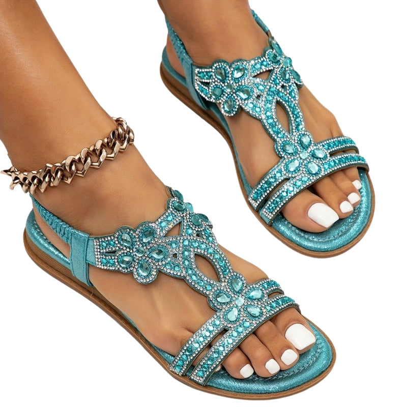 Selina – T-strap sandals with flower accents and rhinestones
