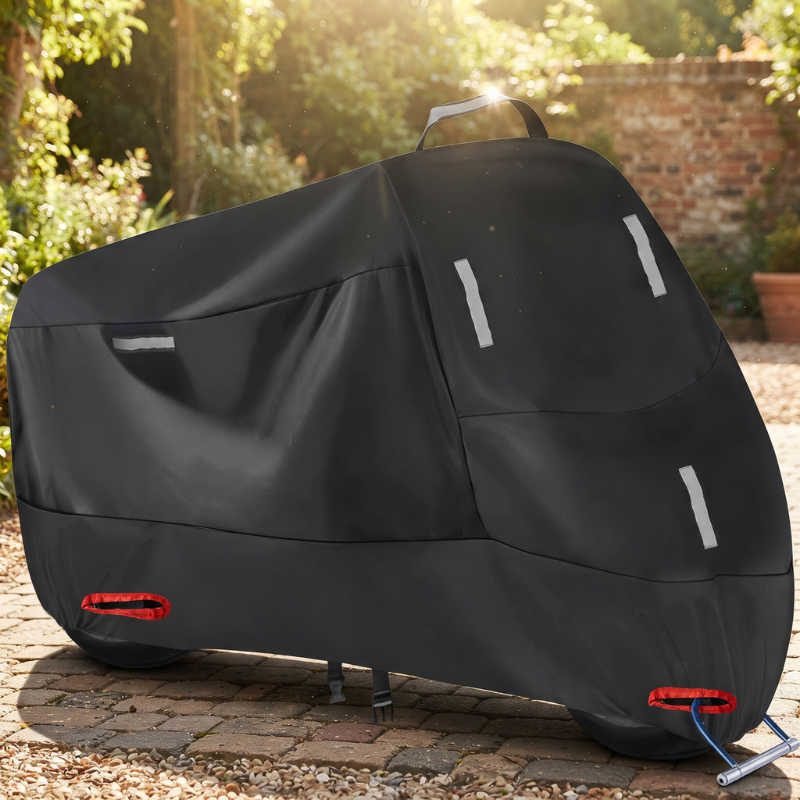 MotoShield - Funda para motocicleta con tiras reflectantes y aberturas reforzadas para candado