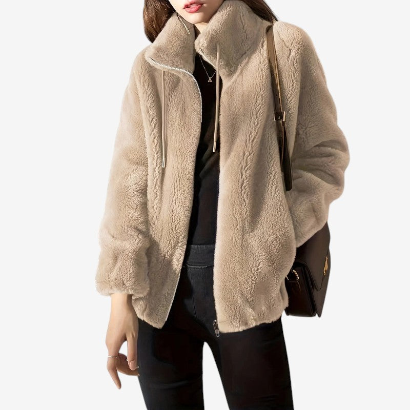 Giacca in pile da donna con collo alto e zip frontale