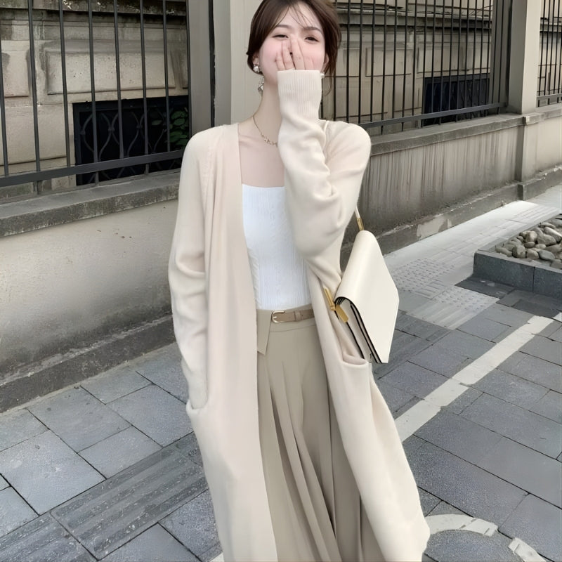 Chrissy - Cardigan lungo a manica lunga con tasche laterali