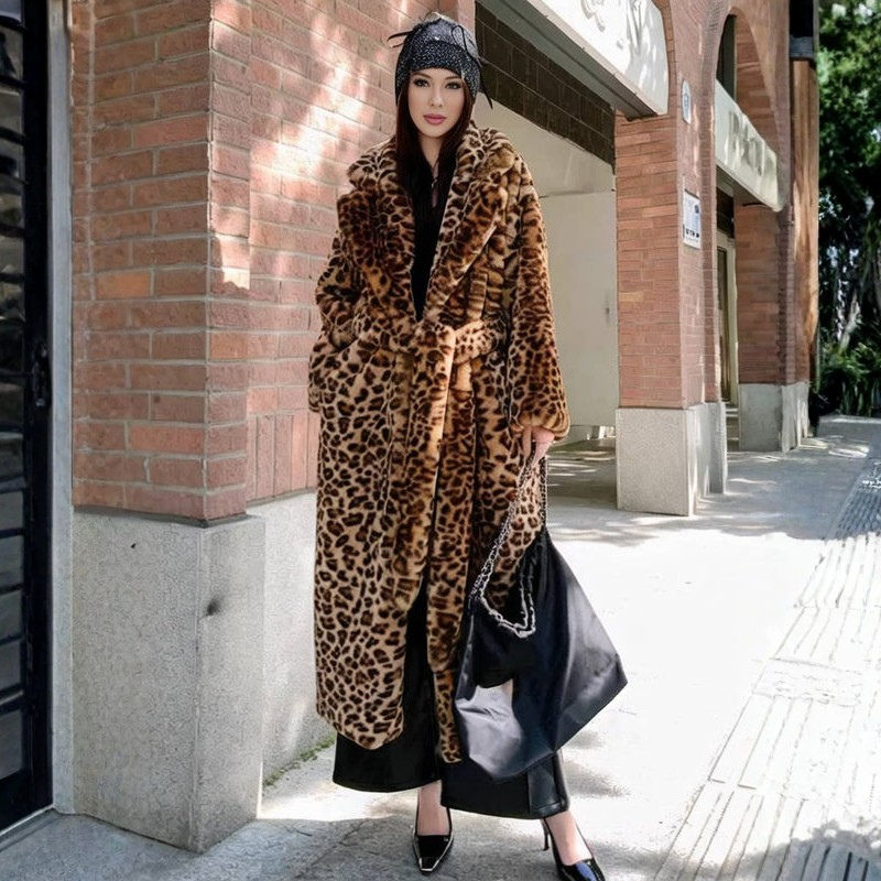 Marissa - Long Sleeve Long Coat with Leopard Print
