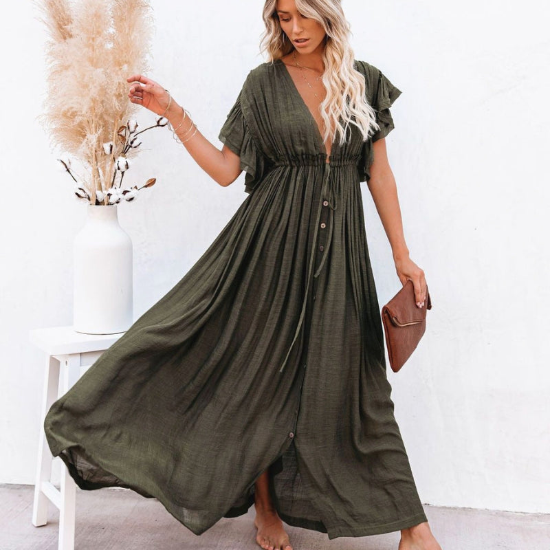 Women’s V-Neck Button-Front Maxi Dress