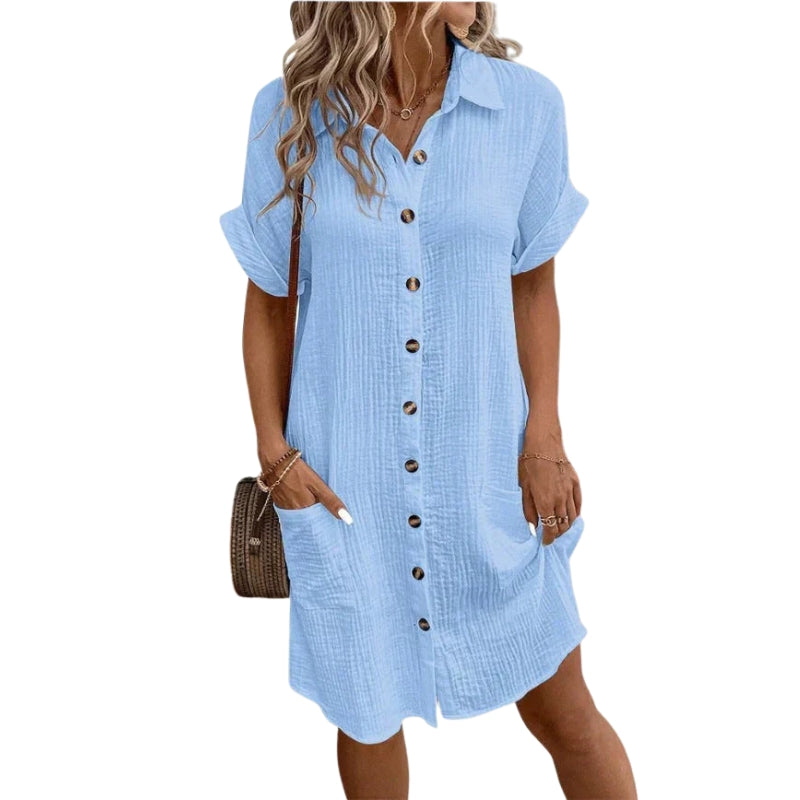 Clara – Knee-Length Shirt Dress with Short Sleeves and Pockets