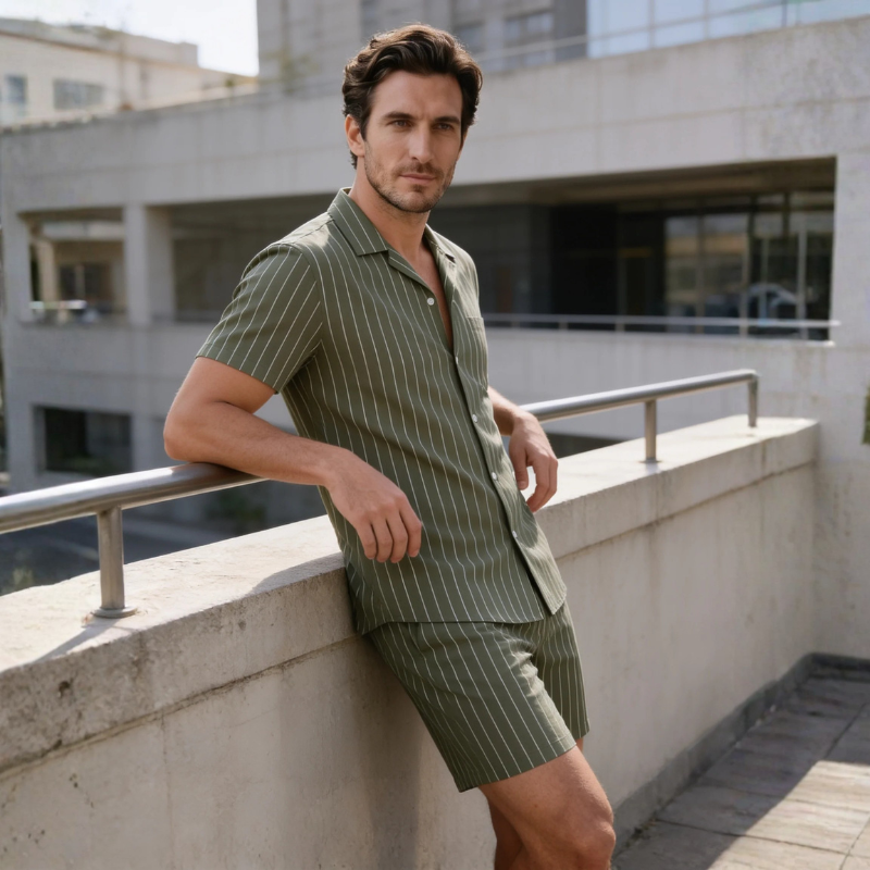 Conjunto de 2 Peças para Homem: Camisa às Riscas e Calções