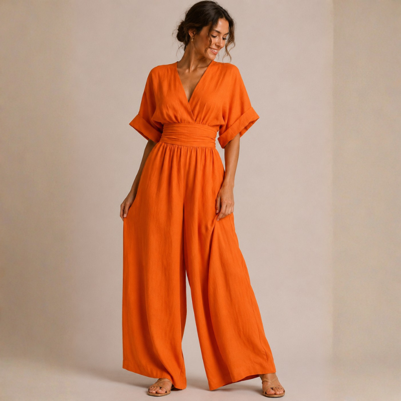Combinaison pantalon large pour femme avec col en V