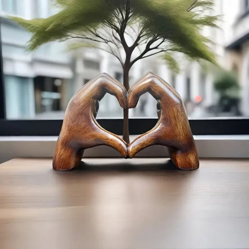 HeartGlow – Resin Heart Gesture Sculpture with Wood Grain Finish