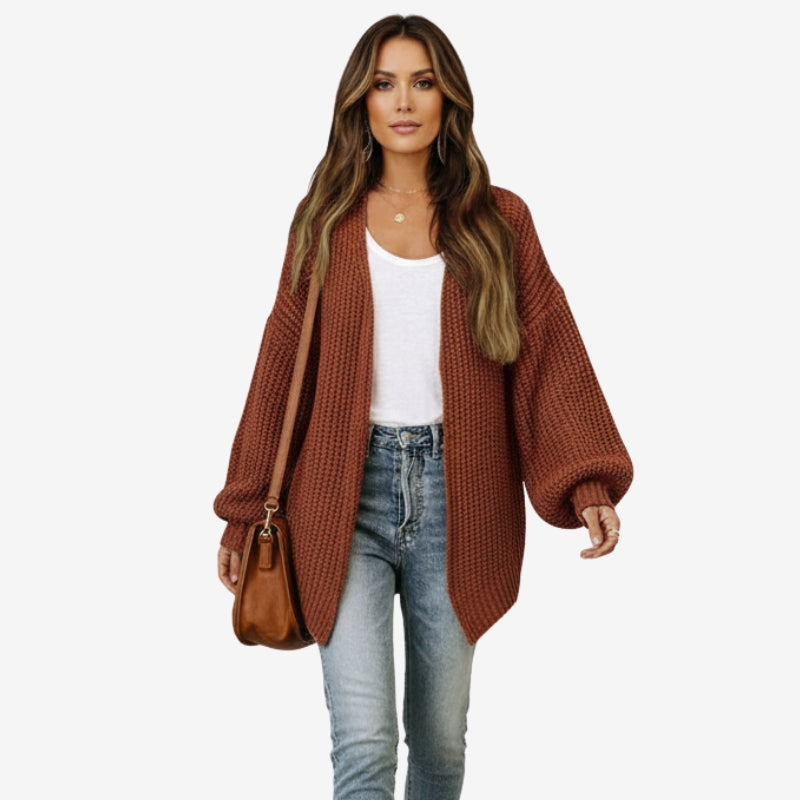 Haley – Long Sleeve Cardigan with Open Front and Ribbed Detail
