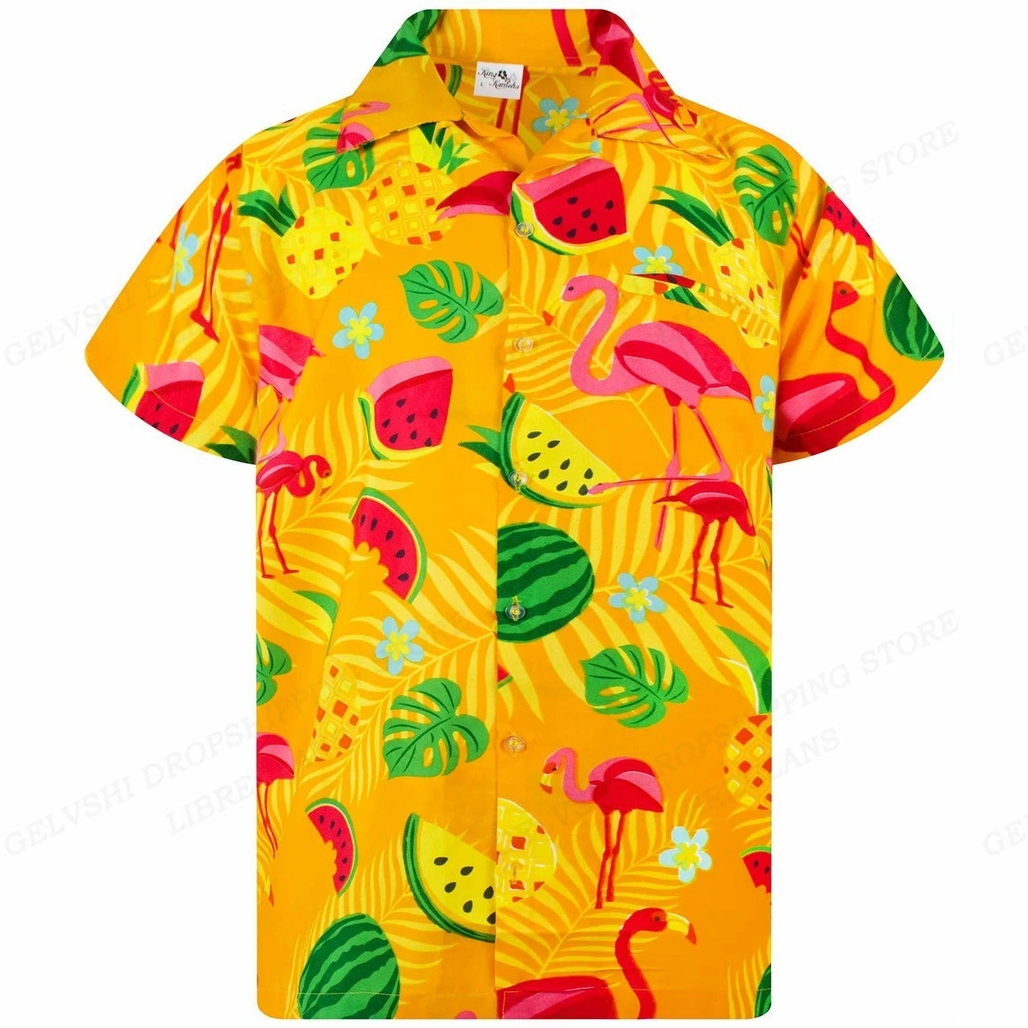 Marco - Camicia con stampa tropicale di fenicotteri e maniche corte