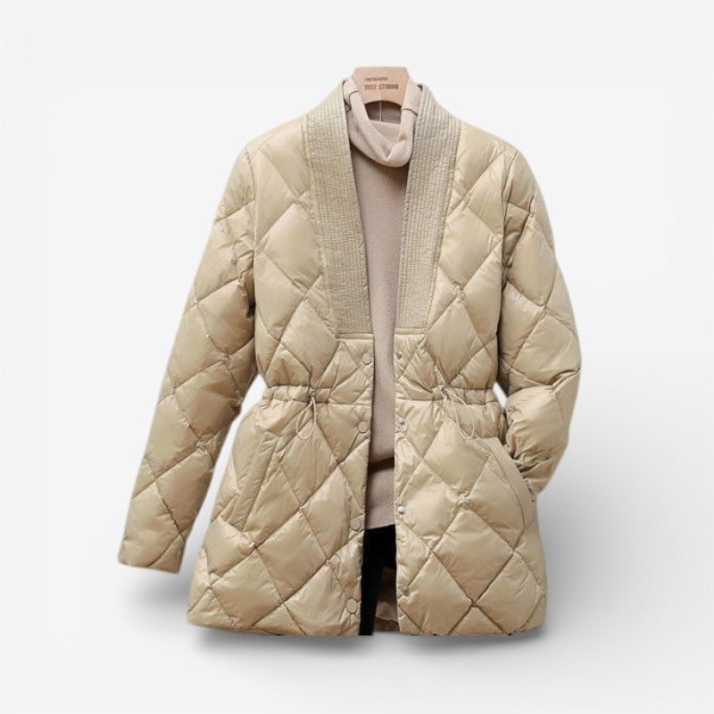 Inyaran – Long Sleeve Quilted Jacket with V Neck | Button Closure with Drawstring Waist | Side Pockets for Everyday Wear | Sizes S–3XL | White, Black, Khaki