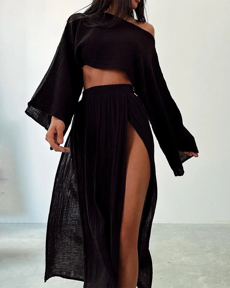 Elena - Elegante completo due pezzi con gonna con spacco e top fluido