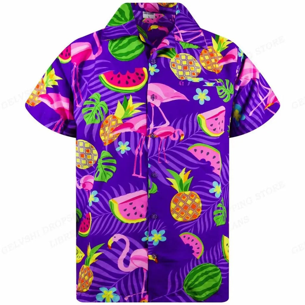 Marco - Camicia con stampa tropicale di fenicotteri e maniche corte