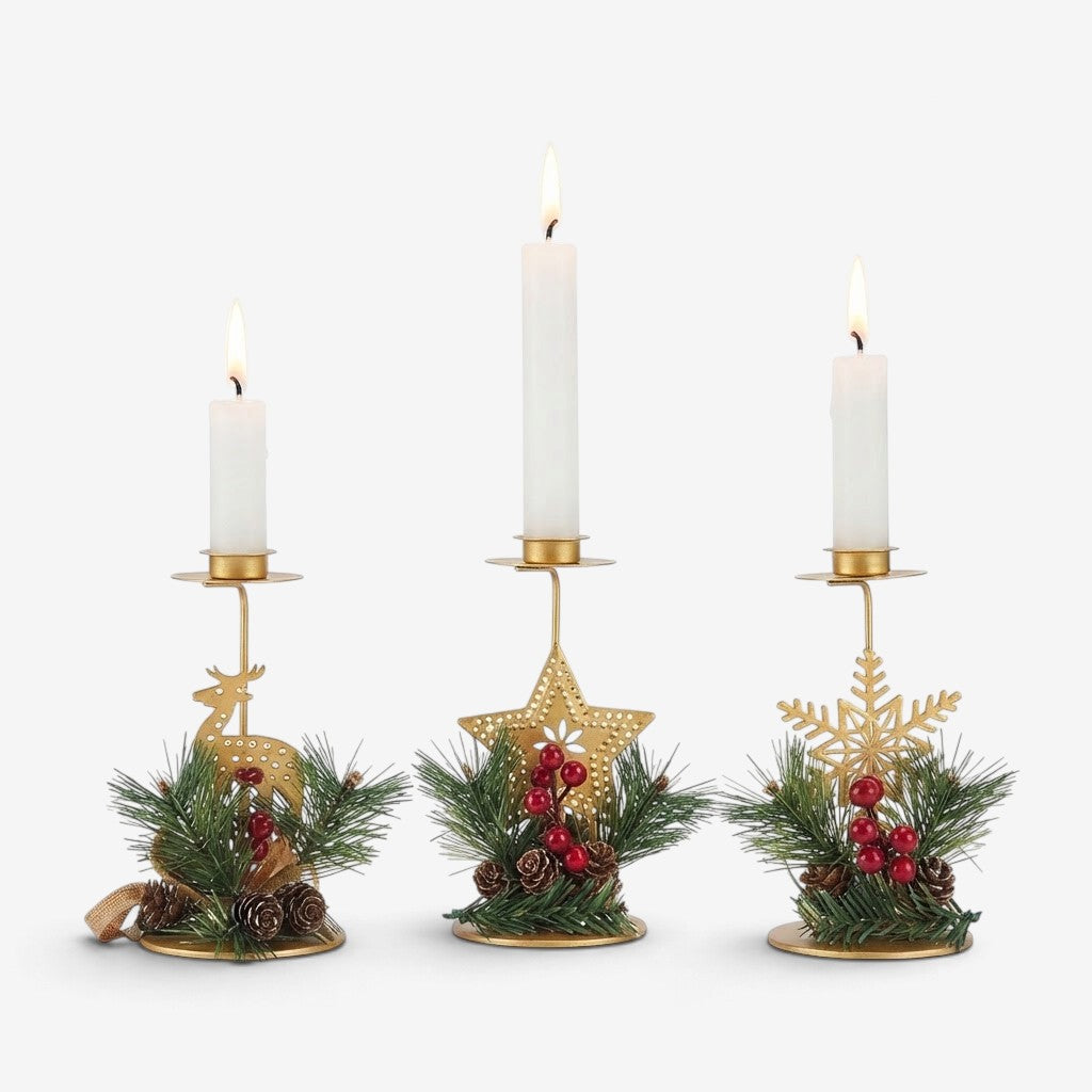 HolidayGlow - Vas gyertyatartó ünnepi motívumokkal