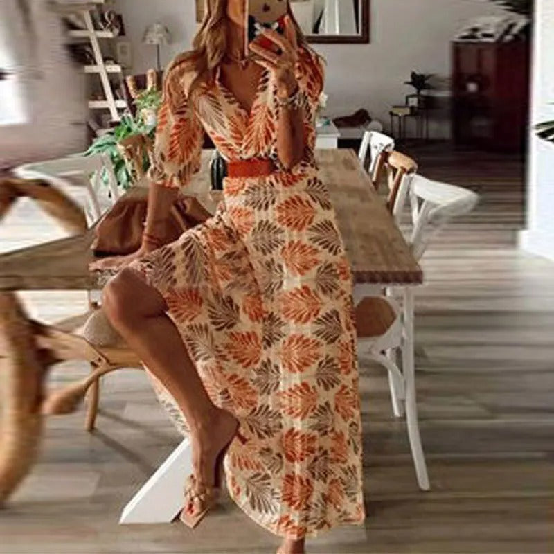 Olivia – Rochie maxi stilată cu imprimeu floral și talie cu curea