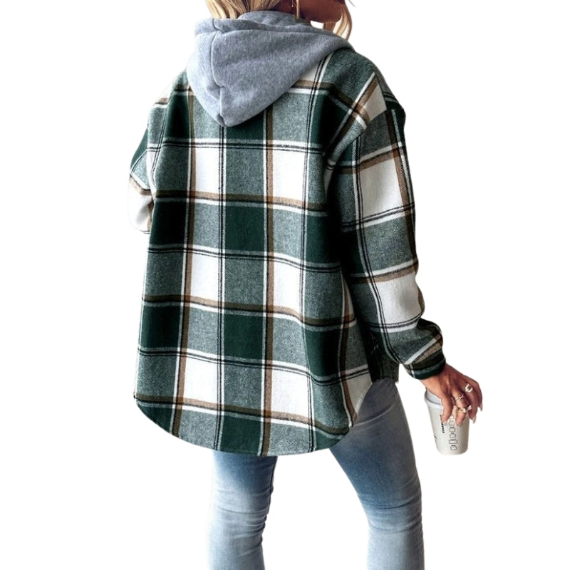 Amelia - Hooded Jacket with Button Closure and Check Pattern
