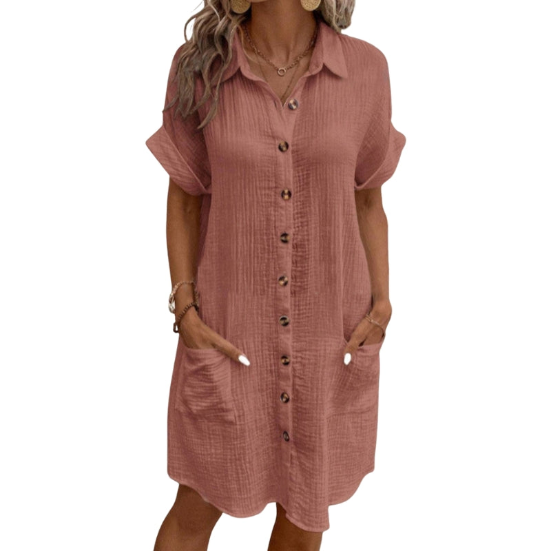 Clara – Knee-Length Shirt Dress with Short Sleeves and Pockets