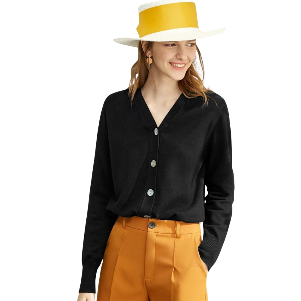 Stephanie - Cardigan con scollo a V, maniche lunghe e chiusura con bottoni