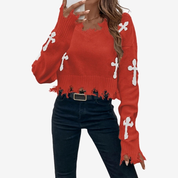 Melora – Long Sleeve Printed Sweater with Tassel Design