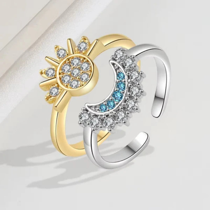 Jasmin – Set di Anelli Regolabili in Metallo per Coppia con Cristalli Sole e Luna