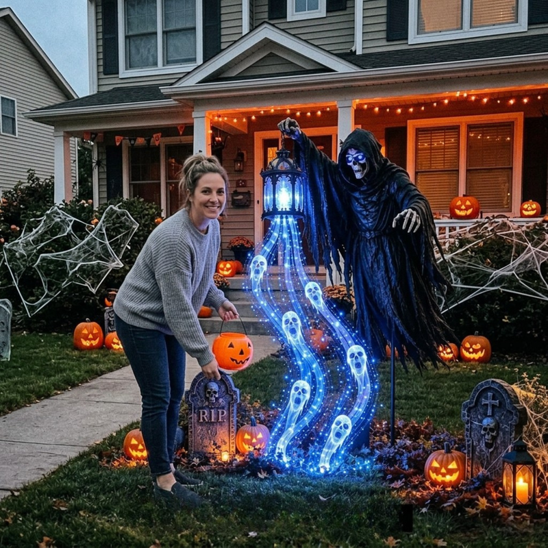 Reapora – Decorazione di Halloween con mietitore illuminato e lanterna LED