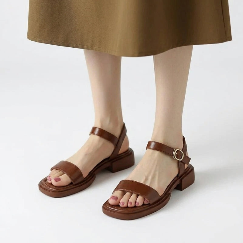 Women's Round Toe Low Heel Sandals with Adjustable Buckle Strap